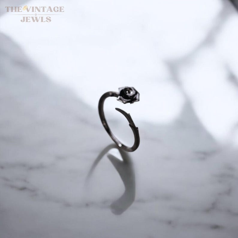 Thorny Flower S925 Sterling Silver Ring Set, Black Ring Set, Rings with Thorns, Couples Ring Set, Adjustable Rings, Goth Style Jewelry