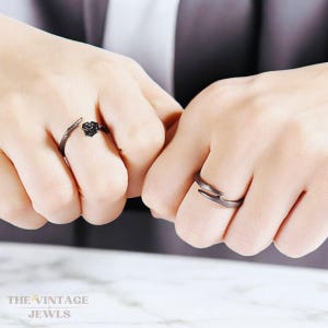 Thorny Flower S925 Sterling Silver Ring Set, Black Ring Set, Rings with Thorns, Couples Ring Set, Adjustable Rings, Goth Style Jewelry