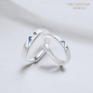 Set di anelli con sole e luna di montagna, anelli in argento sterling 925, anelli di coppia, anelli regolabili, anelli di promessa, anelli importanti, anelli per lui e per lei