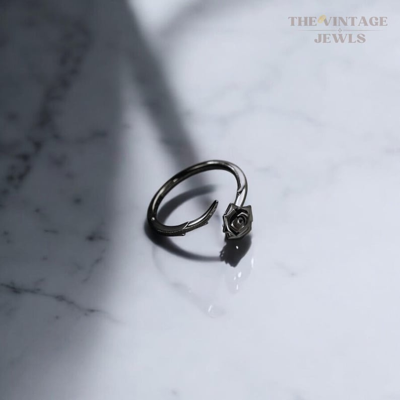 Thorny Flower S925 Sterling Silver Ring Set, Black Ring Set, Rings with Thorns, Couples Ring Set, Adjustable Rings, Goth Style Jewelry