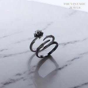 Thorny Flower S925 Sterling Silver Ring Set, Black Ring Set, Rings with Thorns, Couples Ring Set, Adjustable Rings, Goth Style Jewelry