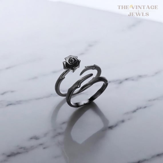 Thorny Flower S925 Sterling Silver Ring Set, Goth Adjustable Rings