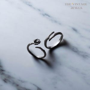 Thorny Flower S925 Sterling Silver Ring Set, Black Ring Set, Rings with Thorns, Couples Ring Set, Adjustable Rings, Goth Style Jewelry