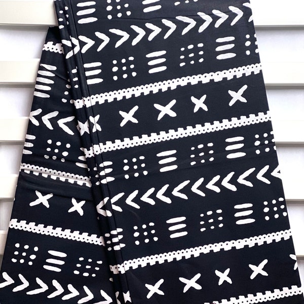 African Kente print 100% cotton fabric Black White Sold by the yard