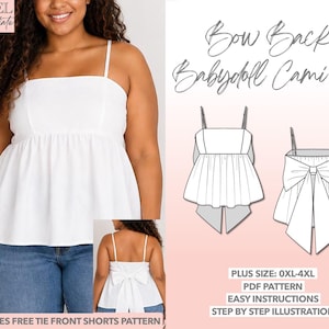 Plus Size Cami Top Sewing Pattern PDF Curvy Size Babydoll Top Plus Camisole for Women Bow Tie Pattern Larger Size Peplum Top Sleeveless Top