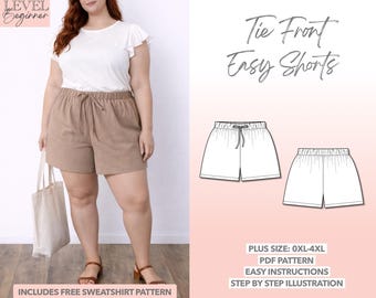 Plus Size Tie Front Shorts Sewing Pattern 0XL-4XL (PDF Pattern)