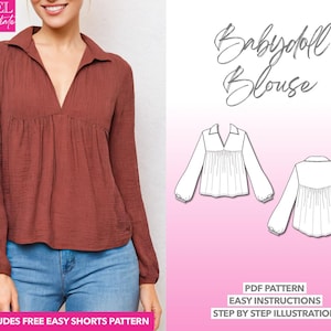 Blouse Sewing Pattern V-Neck Gathered Babydoll Blouse PDF Pattern Women Top Sewing Pattern Boho Blouse Pattern Easy Long Sleeve Top Pattern