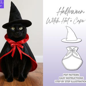 Peut inclure: Un chat noir portant un chapeau de sorcière noir et une cape avec une bordure et un nœud rouges. L'image comprend le texte "Halloween Witch Hat + Cape Set" et "Level Beginner". L'ensemble comprend un patron PDF avec des instructions faciles et des illustrations étape par étape.