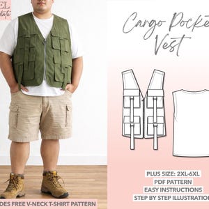 Modello di cucito per gilet cargo da uomo taglie forti: gilet multiuso in formato PDF (2XL-6XL)