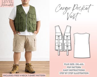 Plus Size Mens Cargo Vest Sewing Pattern: Utility Vest PDF (2XL-6XL)