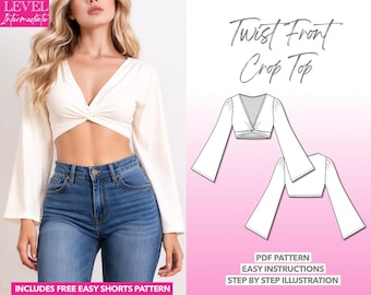 Twist Front Top Sewing Pattern Bell Sleeve Top Crop Top PDF Pattern Bishop Sleeve Pattern Knit Top Pattern Boho Top Flare Sleeve Top Midriff