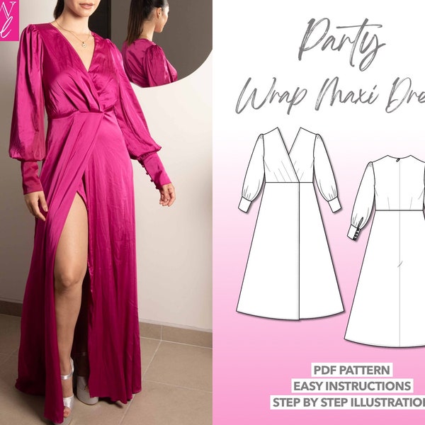 Dress Sewing Pattern Lantern Sleeve Wrap Maxi Dress Pattern Women Sewing Pattern Party Dress PDF Pattern Maxi Dress Sewing Pattern