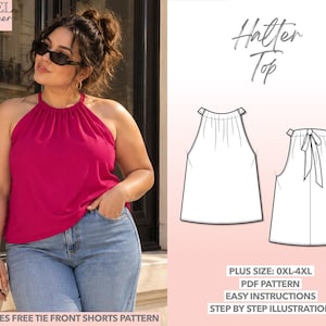 Wzór na top typu halter w dużych rozmiarach Wzór na bluzkę Wzór na top damski Wzór na odzież plus size Wzór na krągłe kobiety Łatwy wzór PDF