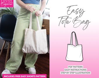 Modello di cucito per borsa tote facile: PDF per principianti (taglia unica) + modello bonus per pantaloncini