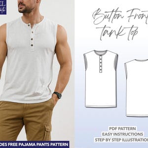 Round Neck Tank Top Sewing Pattern Beginner Friendly Button Front Top PDF Pattern Mens Top Sewing Pattern Tank Top Pattern Sleeveless Top