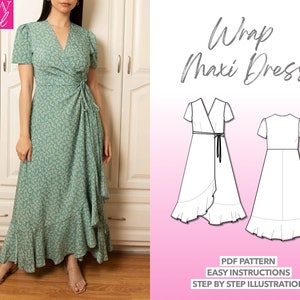 Dress Sewing Pattern Maxi Wrap Dress PDF Pattern Women Sewing Pattern Long Dress Sewing Pattern Wrap Dress Pattern