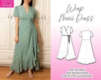 Patrón de costura de vestido Maxi Wrap Dress Patrón PDF Patrón de costura de mujer Patrón de costura de vestido largo Patrón de vestido envolvente