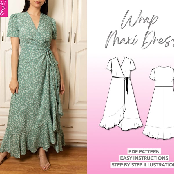 Patrón de costura de vestido Maxi Wrap Dress Patrón PDF Patrón de costura de mujer Patrón de costura de vestido largo Patrón de vestido envolvente