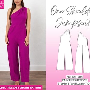 Patrón de mono de un solo hombro, patrón de costura para mono, patrón de mono para mujer, patrón de costura para mono de pierna ancha, patrón PDF fácil, XS-XXXL