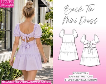 Ruffle Dress Sewing Pattern Back Tie Dress Puff Sleeve Dress Backless Dress Pattern Open Back Dress Short Tiered Dress for Women PDF Pattern