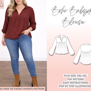 Patrón de costura para blusa babydoll de talla grande: Top bohemio con cuello en V (patrón PDF tallas 0XL-4XL)