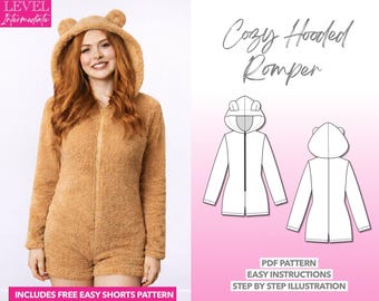Bear Ears Hooded Romper Sewing Pattern PDF Pattern Women Sewing Pattern Pajama Romper Pattern Sleepwear Loungewear Sewing Pattern Hoodie