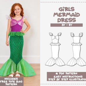 Puede incluir: Un patrón de costura para un vestido de sirena con corpiño de lentejuelas rosas, sección media morada y falda verde con estampado de escamas y dobladillo acampanado. La imagen incluye el texto GIRLS MERMAID DRESS 3Y-8Y, PDF PATTERN y FREE TOTE BAG PATTERN.