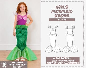 Girls Mermaid Dress, Girls Costume Pattern, Girls Dress Pattern, Girls Sewing Pattern, Beginner Sewing, Sizes 3Y-8Y, Easy PDF Sewing Pattern