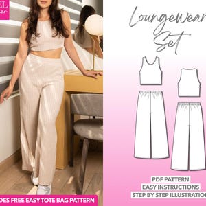 Loungewear Set Sewing Pattern Tank Top and Wide Leg Pants Set Pattern Women Sewing Pattern Crop Top Pattern Knit Pants Sewing Pattern Bundle