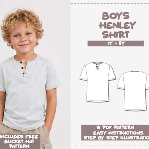 Boys Short Sleeve T-Shirt Sewing Pattern Button Front Tee Pattern Henley Shirt PDF Download Beginner Friendly Easy Sewing Pattern Kids Shirt
