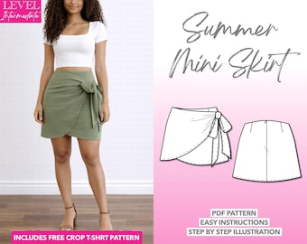 Patrón de costura para minifalda cruzada: Lazo lateral, tallas XS-XXXL (patrón en PDF)