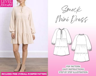 Tie Neck Smock Mini Dress Sewing Pattern (PDF Download XS-XXXL) Bonus Romper Pattern