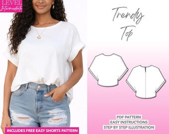 Top Sewing Pattern Trendy Top Pattern Oversized Top Sewing Pattern Women Tee Pattern Easy PDF Pattern Batwing Sleeve Short Sleeve Top Baggy