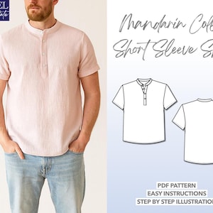 Cartamodello per camicia da uomo per principianti, camicia a maniche corte con colletto alla coreana, cartamodello PDF per camicia con bottoni, cartamodello per camicia con colletto