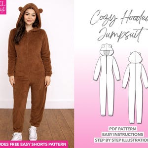 3D Ears Hooded Jumpsuit Sewing Pattern: Sleepwear Loungewear (PDF Download XS-XXXL) Bonus Shorts Pattern