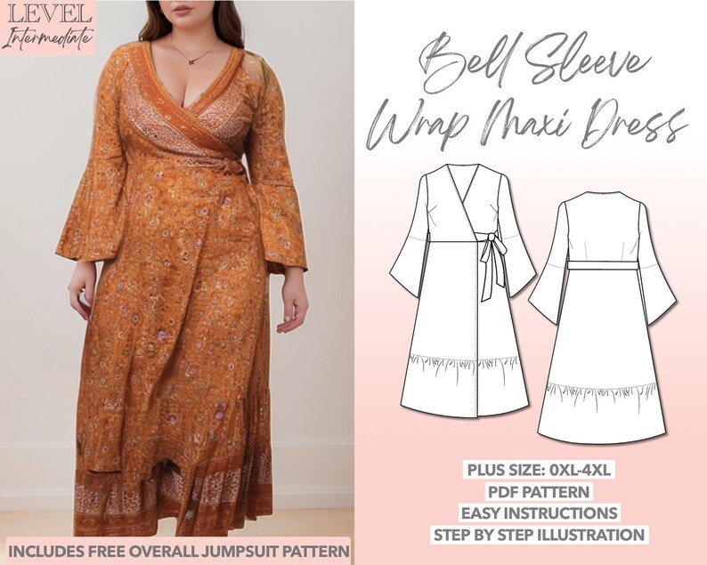 Plus Size Bell Sleeve Wrap Dress Sewing Pattern 0XL-4XL (PDF Pattern ...