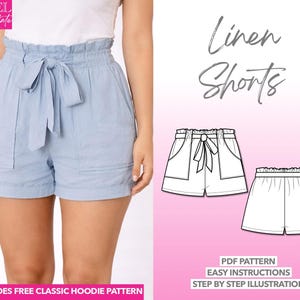 Belted Shorts Sewing Pattern Patch Pocket Shorts Casual Linen Shorts PDF Pattern Women Shorts Paperbag Shorts High Waist Shorts with Pockets