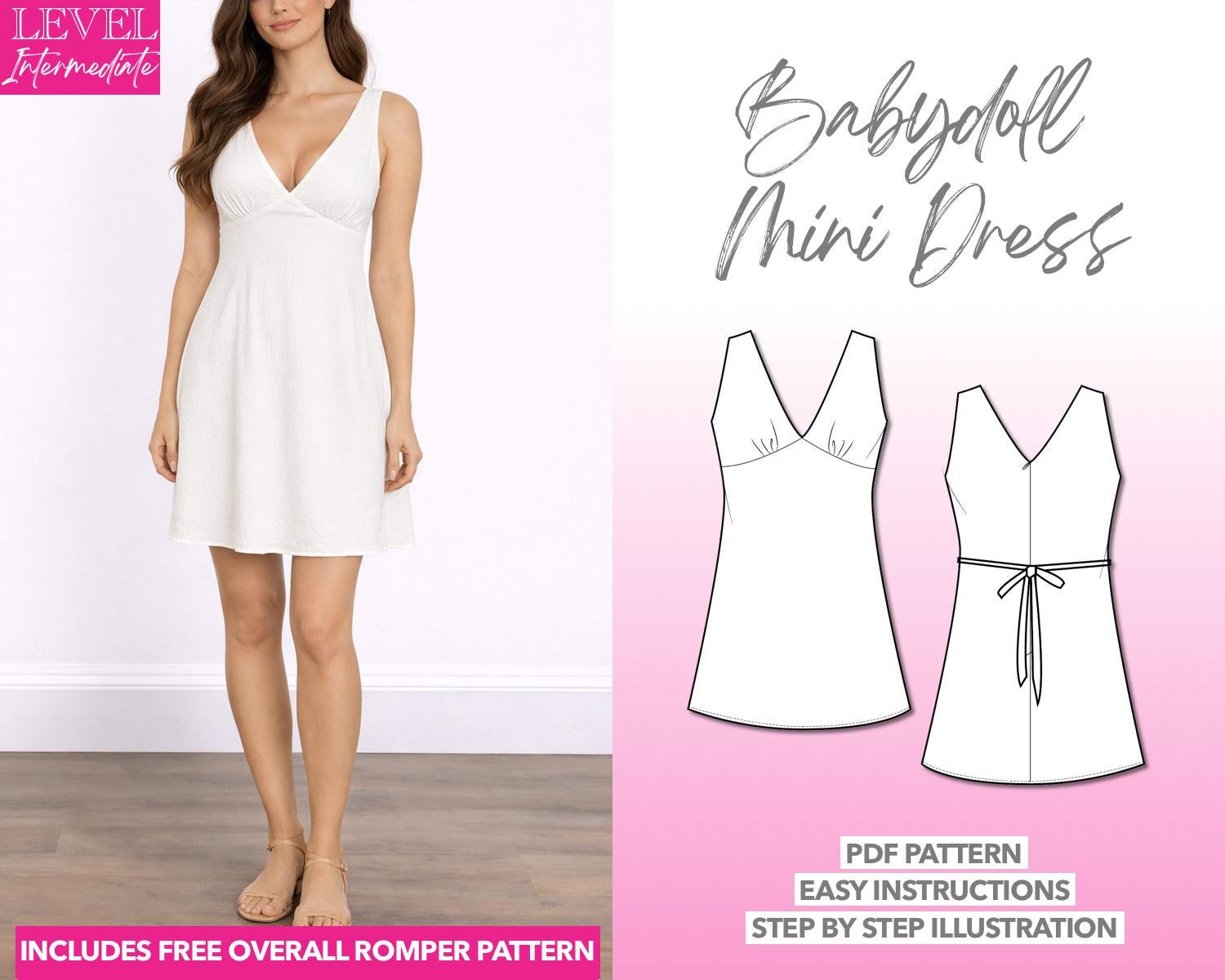 Babydoll Dress Sewing Pattern, Dress Pattern PDF Women, Mini Dress Pattern, A-line Dress, Folk Dress, Bohemian Dress, Sleeveless Tunic Dress