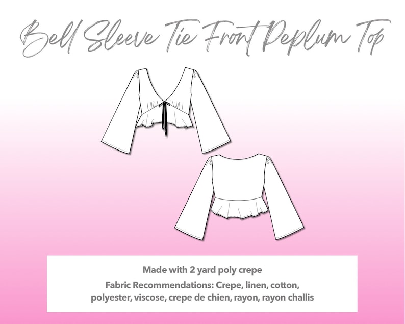 Illustration and detailed description for Bell Sleeve Tie Front Peplum Top  sewing pattern.