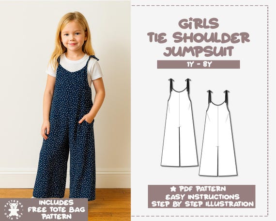 Girls Tie Shoulder Jumpsuit Sewing Pattern (PDF Download) 1Y-8Y