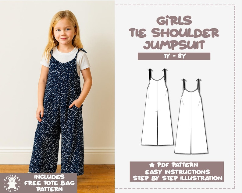Girls Tie Shoulder Jumpsuit pdf sewing pattern with easy instructions and step by step illustrations.