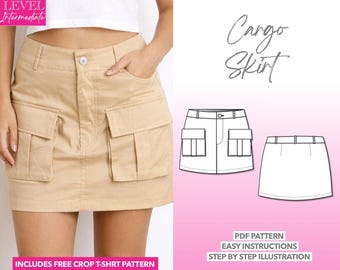 Patrón de costura de falda cargo Patrón de falda con bolsillo de solapa Patrón de minifalda para mujer en PDF Falda utilitaria Falda funcional Falda de moda Conjunto elegante