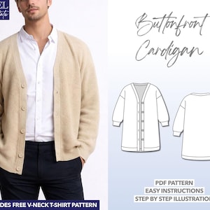 Mens Cardigan Sewing Pattern Button Front Cardigan PDF Pattern Beginner Friendly Mens Sewing Pattern Jacket Pattern Easy Sweater Pattern