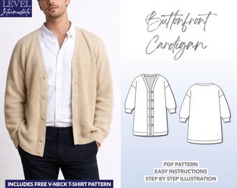 Mens Cardigan Sewing Pattern Button Front Cardigan PDF Pattern Beginner Friendly Mens Sewing Pattern Jacket Pattern Easy Sweater Pattern