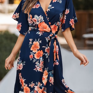 Front view of Kimono Sleeve Wrap Mini Dress.