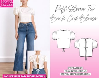 Puff Sleeve Tie Back Crop Blouse Sewing Pattern (PDF Pattern)