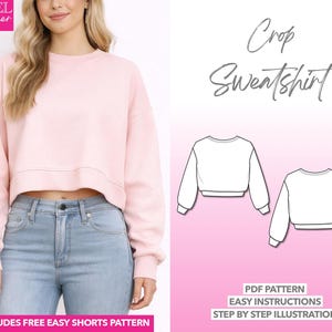 Schnittmuster für kurzes Sweatshirt, Damen, Pullover (PDF), Schnittmuster für Sweatshirt mit überschnittenen Schultern, Crop-Top-Schnittmuster, einfaches kurzes Sweatshirt (PDF)