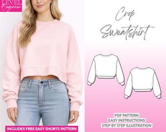 Crop Sweatshirt Sewing Pattern Women Pullover PDF Sewing Pattern Drop Shoulder Sweatshirt Pattern Crop Top Pattern Easy Short Sweatshirt PDF