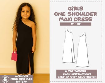 女の子用ワンショルダーマキシドレスの縫製パターン（1歳～8歳）（PDFパターン）