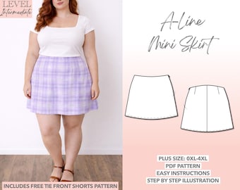 Patrón de costura para minifalda de corte A en tallas grandes (descarga en PDF, tallas 0XL-4XL)